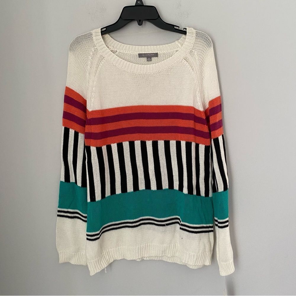 NY Collection Women’s Crew Neck Geometric Knit Color Block Sweater size XL
